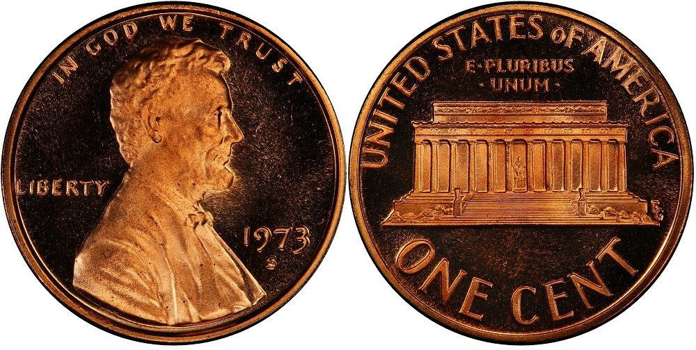 1973-S Lincoln Cent Proof Deep Cameo showing frosted Lincoln portrait against mirror-black fields in PCGS or NGC certified holder
