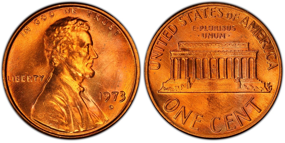 1973 Lincoln cent Red (RD) color designation showing brilliant original copper-orange luster — the most valuable color grade for business-strike pennies