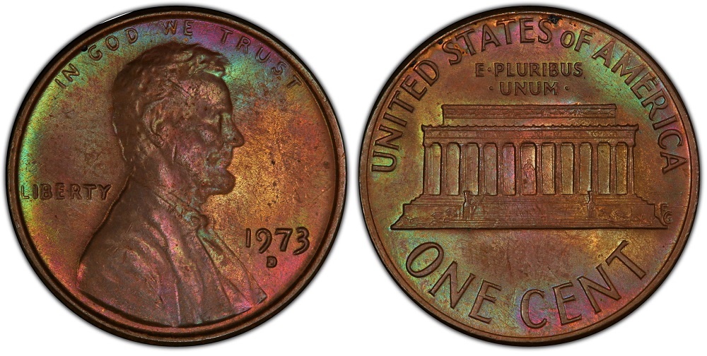 Group of four 1973 Lincoln cents showing Philadelphia, Denver, San Francisco business strike, and San Francisco proof varieties with obverses showing Lincoln portrait and mint marks