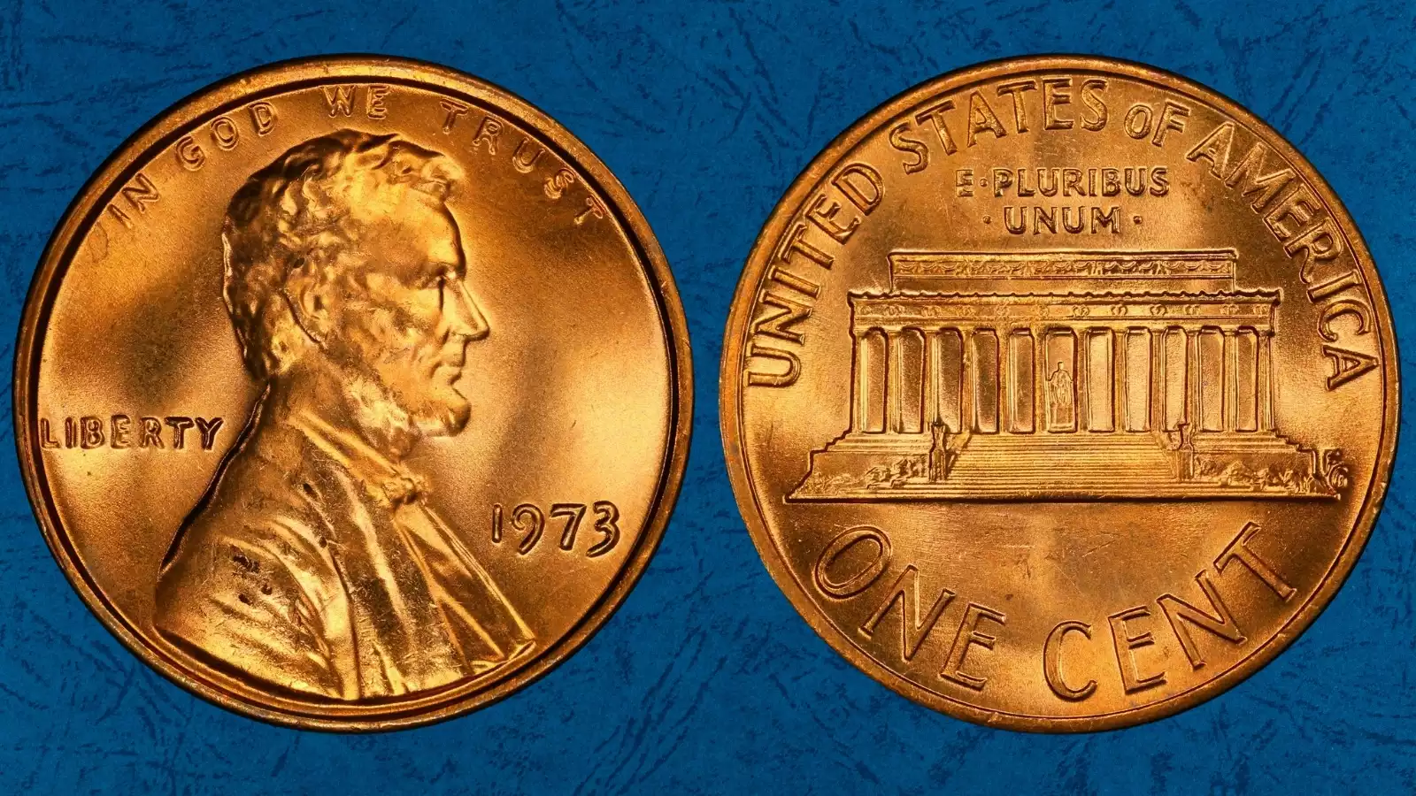1973 Lincoln penny grading strip showing four condition tiers from heavily circulated brown to gem uncirculated Red with original copper luster